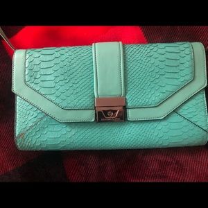 Emeline snake-embroiled clutch bag - teal